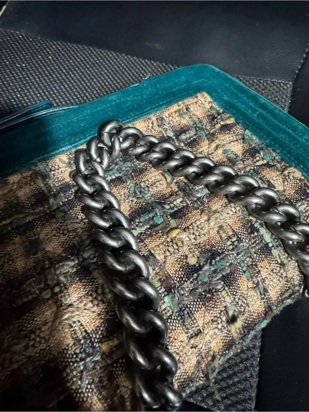CHANEL Teal Tweed & Velvet Chain Crossbody Bag